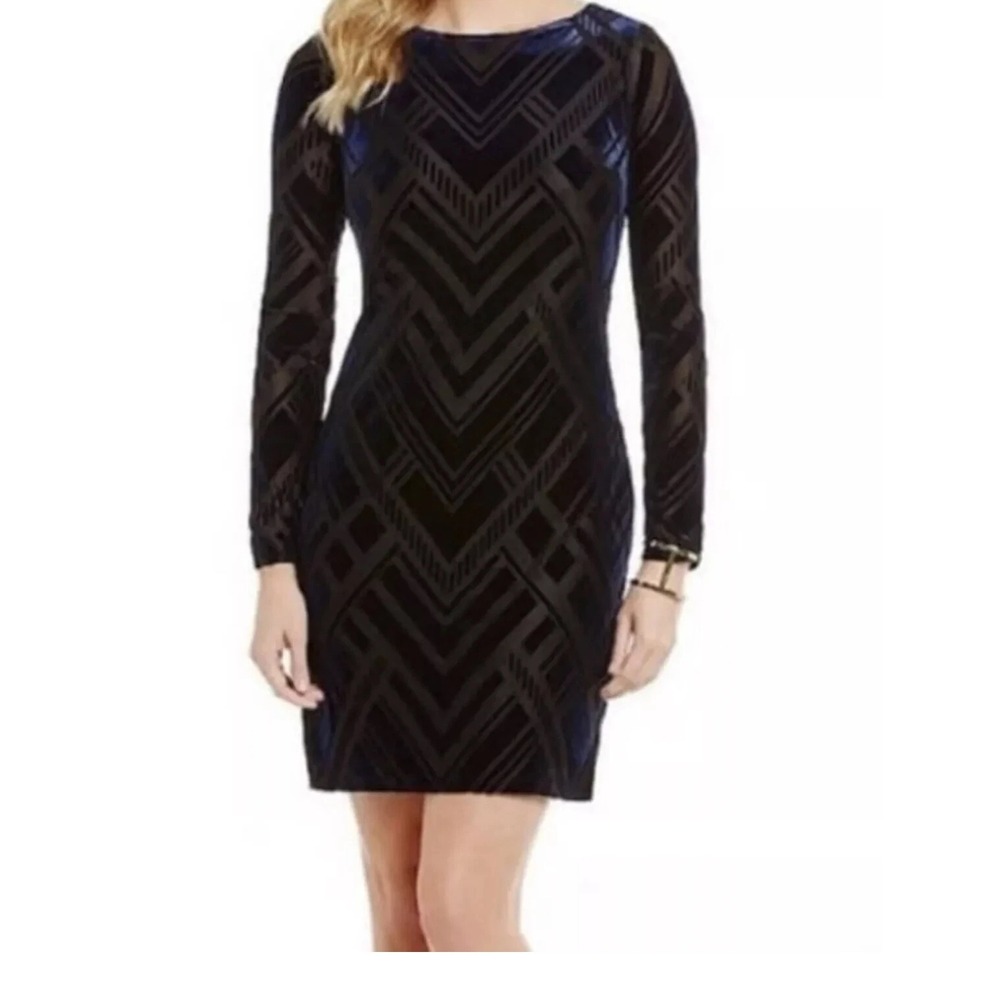 Vince Camuto Velvet Burnout Long Sleeve Bodycon Dress Black Purple Size 12‎